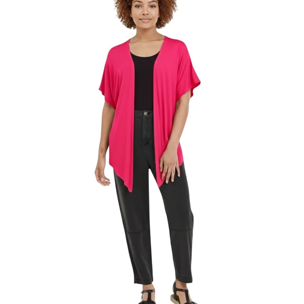 Eimin‎ Womens Fuchsia Pink Open Front Cardigan Short Dolman Sleeve Draped Wrap L